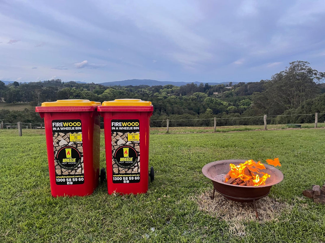 Outdoor firepit with firewood stored in wheelie bins in Northern Rivers