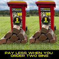 Two red wheelie bins labelled 'Firewood in a Wheelie Bin' with stacked firewood on a grassy field. each bin has a small pile of Standard Split Firewood in front of it. the bottom section of the image has a black background and the words "pay less when you order two bins" in large yellow font.