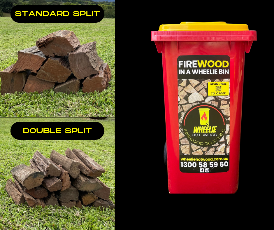 pile of standard split firewood on grass in the top left corner of the image with a pile of double split firewood on grass in the bottom left corner of the image. the right half of the image contains a red Wheelie Hot Wood bin with yellow lid on a black background. the label on the bin says Firewood in a wheelie bin. Available in Northern Rivers NSW and Gold Coast, QLD.