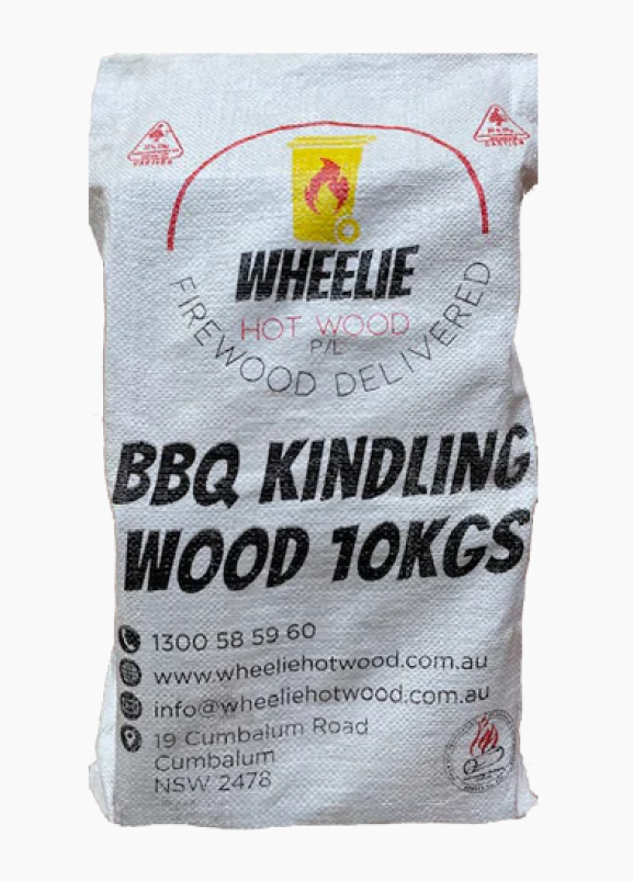 A white bag of Wheelie Hot Wood brand BBQ kindling wood, with black text stating 'BBQ Kindling Wood 10Kgs'.