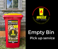 A red and yellow bin in frontof a house with 'WHEELIE HOT WOOD' branding and a sticker that says "Firewood Delivered in a wheelie bin" on the left half of the image. The right half of the image has a black background, the Wheelie Hot Wood Logo and the words 'EMPTY BIN PICK-UP SERVICE'. 