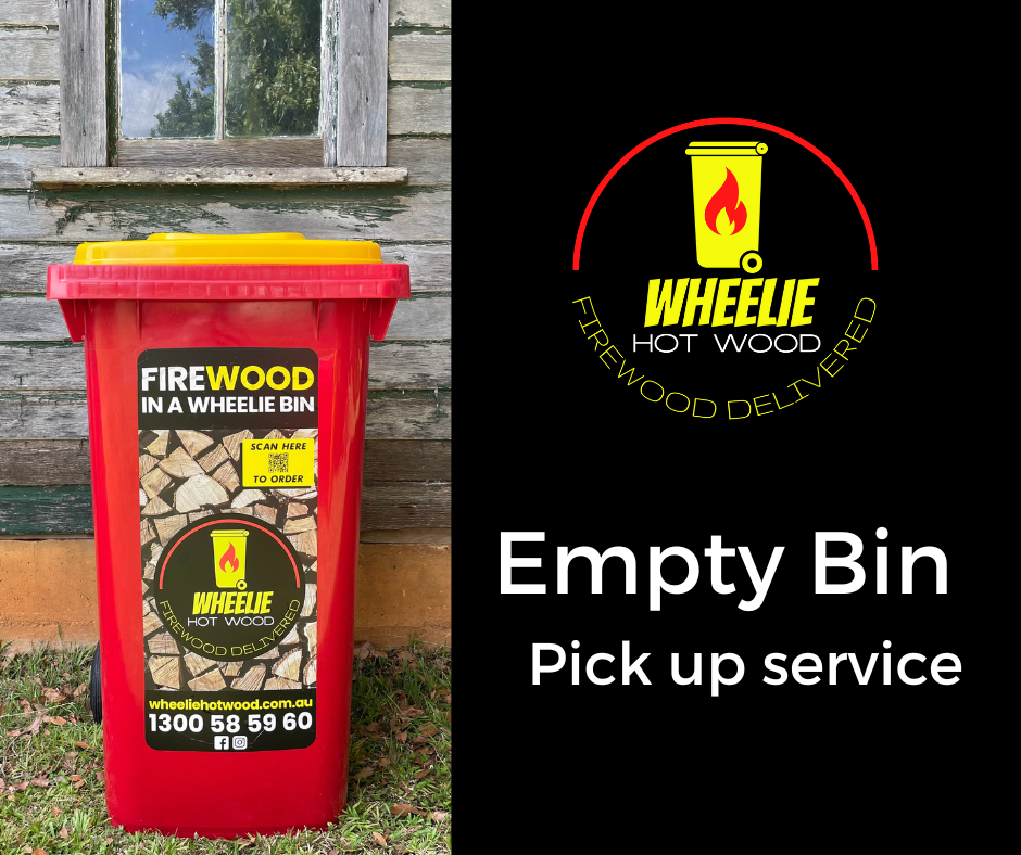 A red and yellow bin in frontof a house with 'WHEELIE HOT WOOD' branding and a sticker that says "Firewood Delivered in a wheelie bin" on the left half of the image. The right half of the image has a black background, the Wheelie Hot Wood Logo and the words 'EMPTY BIN PICK-UP SERVICE'. 
