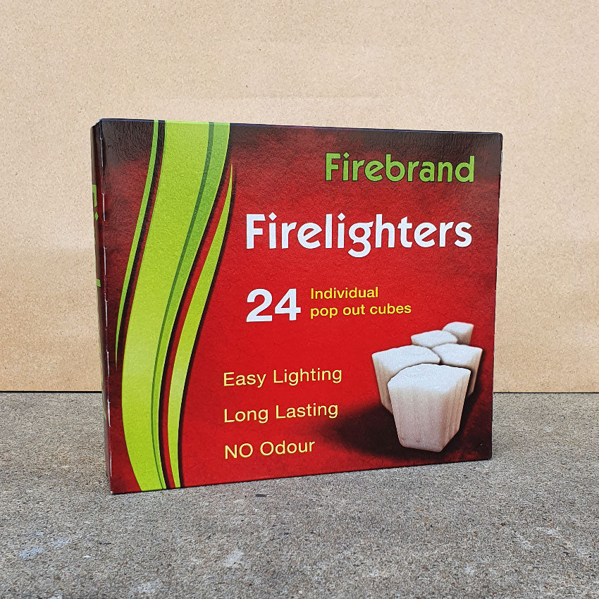 A box of Firebrand Firelighters containing 24 individual pop-out cubes, with red and green product packaging.